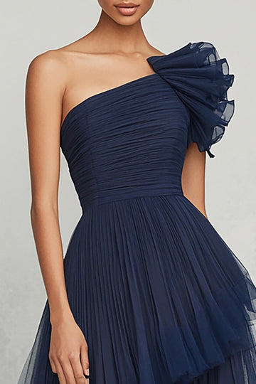 Marineblauwe Tule A Line One Shoulder Gerimpelde Formele Jurk